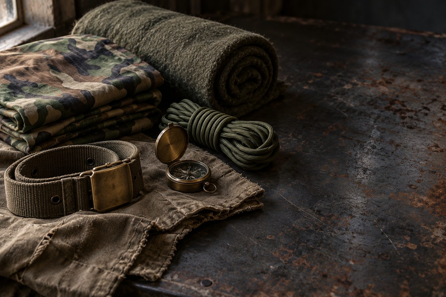 Folded camouflage fabric, a rolled olive wool blanket, paracord, a canvas belt and a brass compass on a rusted steel workbench